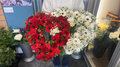 Double Heart - A striking double heart tribute in contrasting red and white, designed as a beautiful symbol of everlasting love and remembrance.